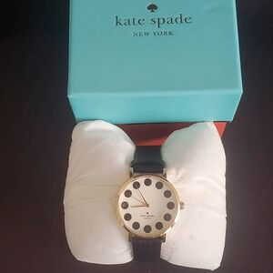 Kate Spade Gramercy Watch Polka Dot Gold Tone Black Leather Fresh Battery